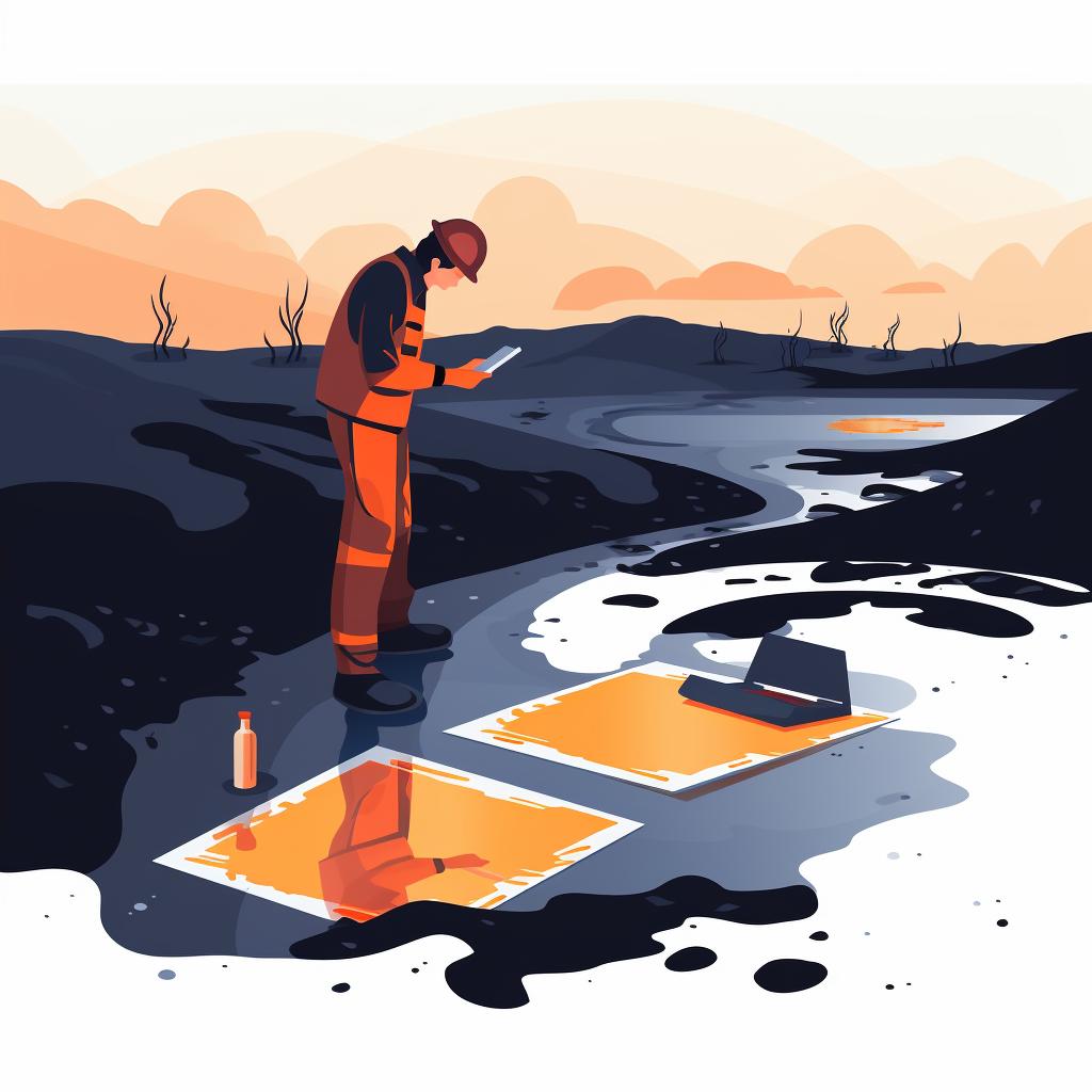 A person analyzing an oil spill area with a clipboard