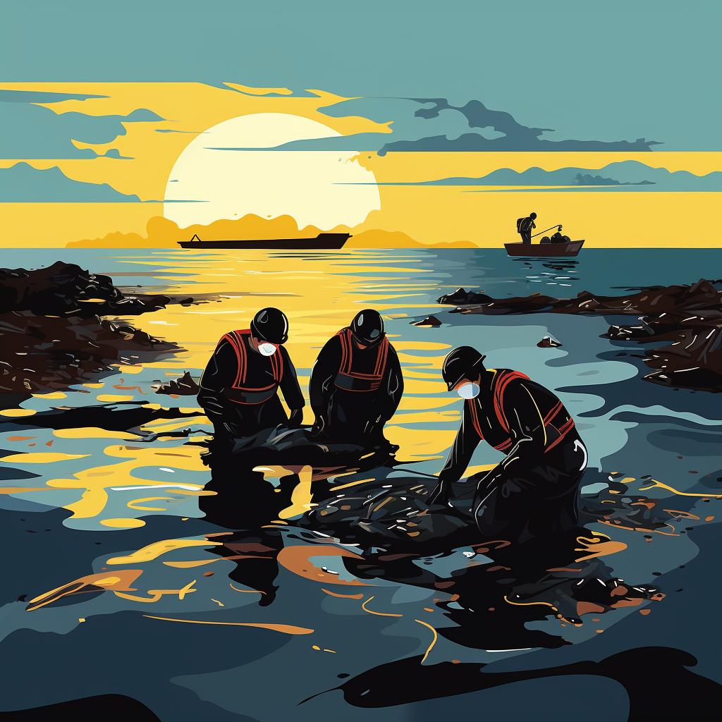 A team of experts examining an oil spill on the ocean surface