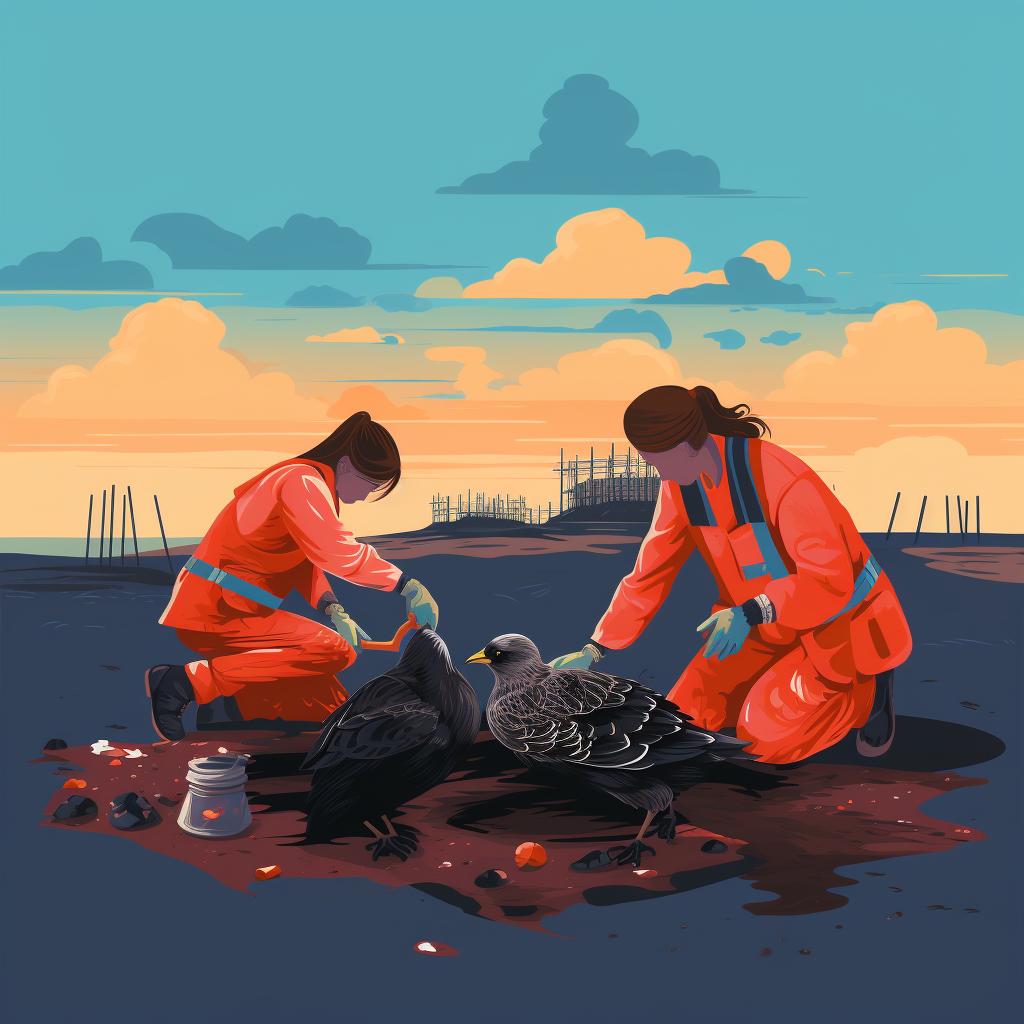 Wildlife rescue team cleaning a bird affected by the oil spill