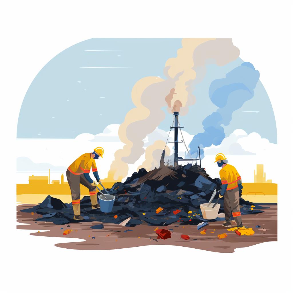 Workers safely disposing of collected oil and debris
