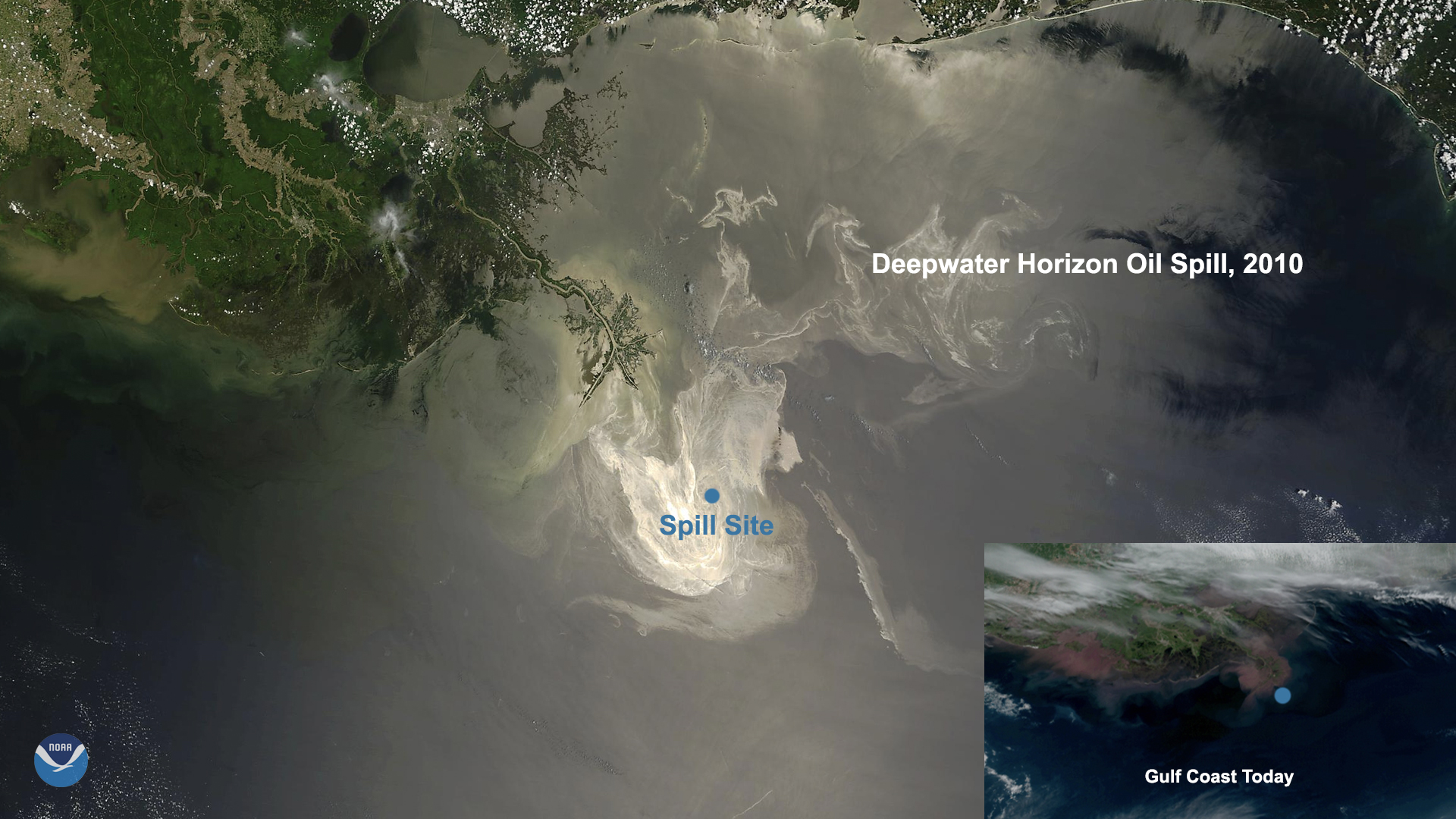 Aerial view of Deepwater Horizon oil spill showing the vast scale of the disaster