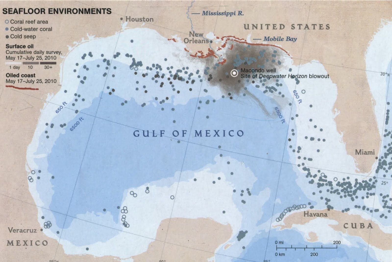 Map illustrating the initial dispersion of the Deepwater Horizon oil spill in the Gulf of Mexico